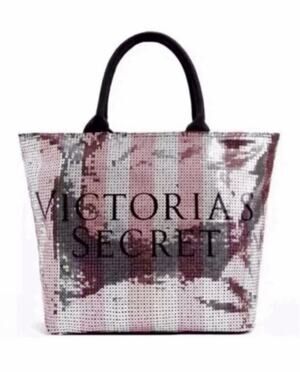 Victoria’s Secret Pink & Silver Sequin Stripe Weekender Tote Bag Limited Edition